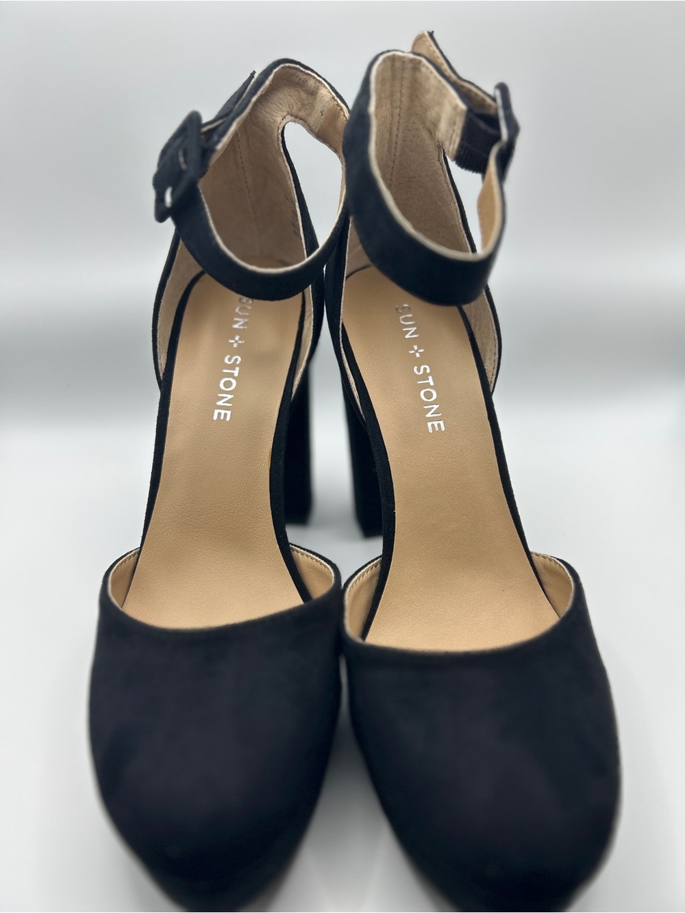 Sun + Stone Black Suede Ankle-Strap Block Heels